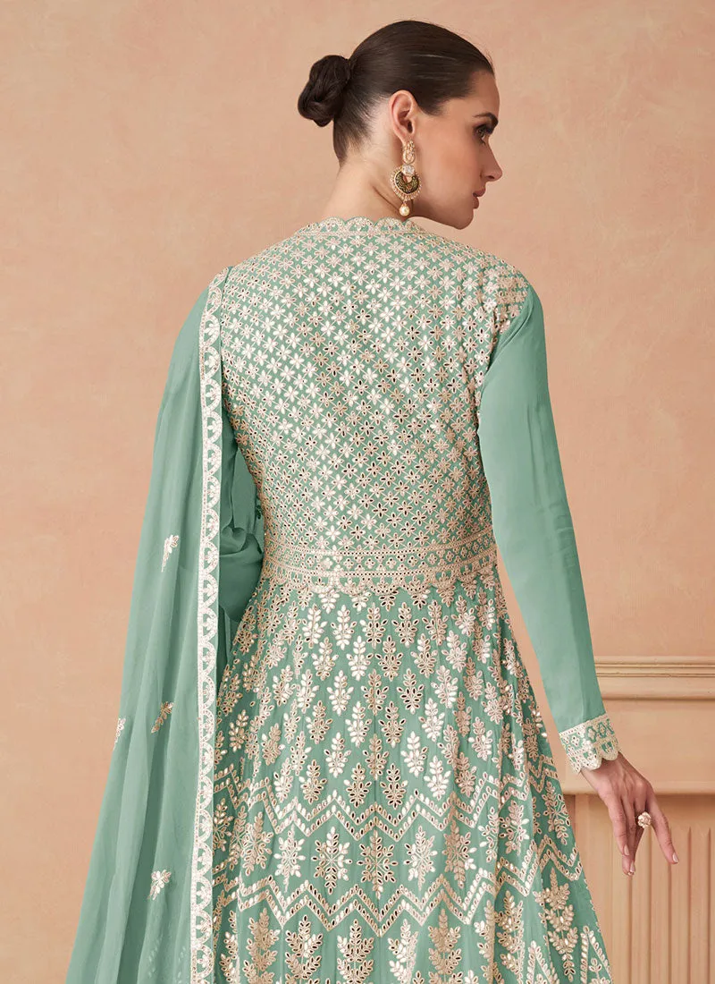 Sea Green Foil Mirror Slit Style Anarkali Lehenga Suit