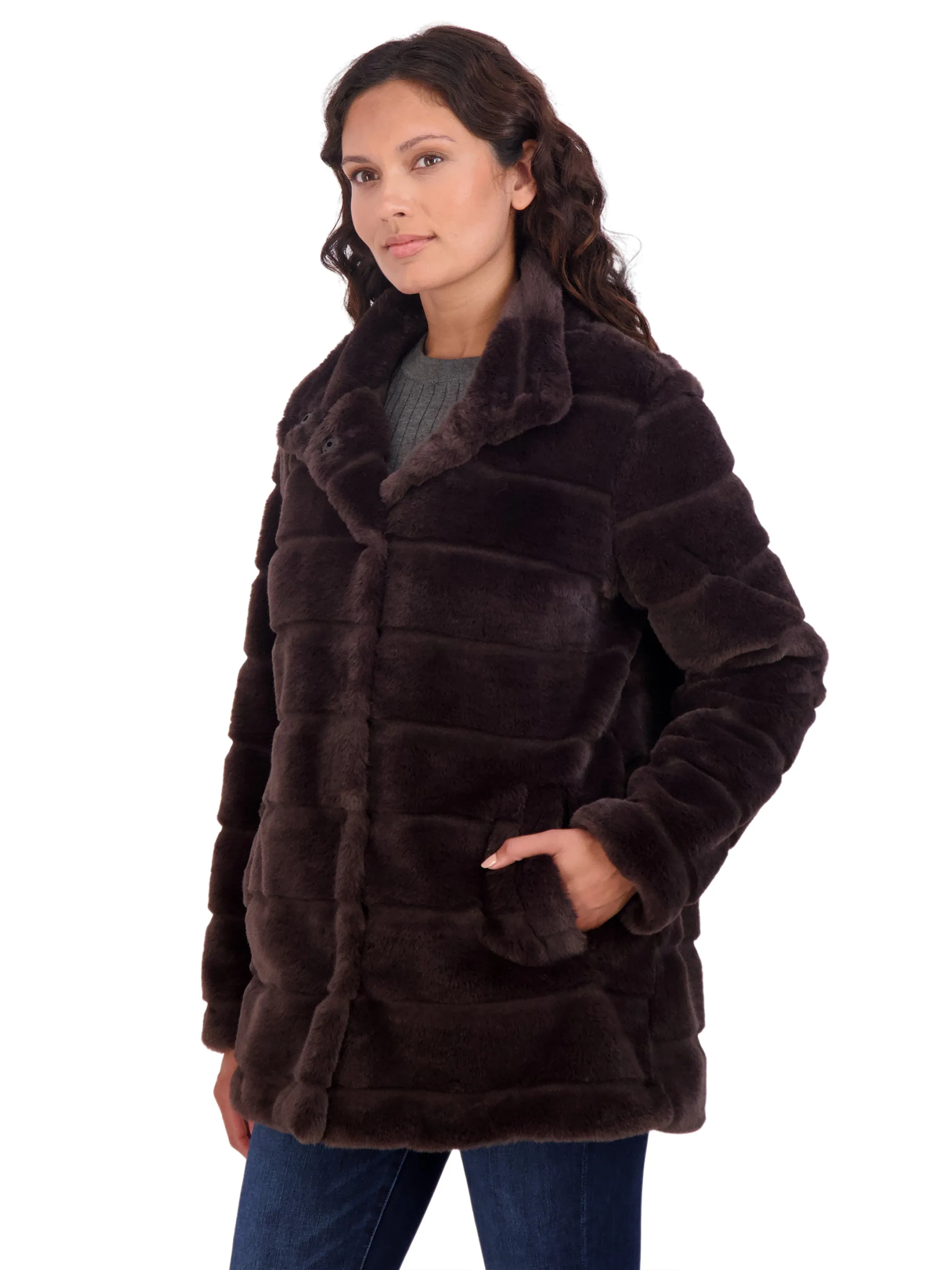 Sebby Collection Women's 3/4 Faux Fur Snap Front Coat