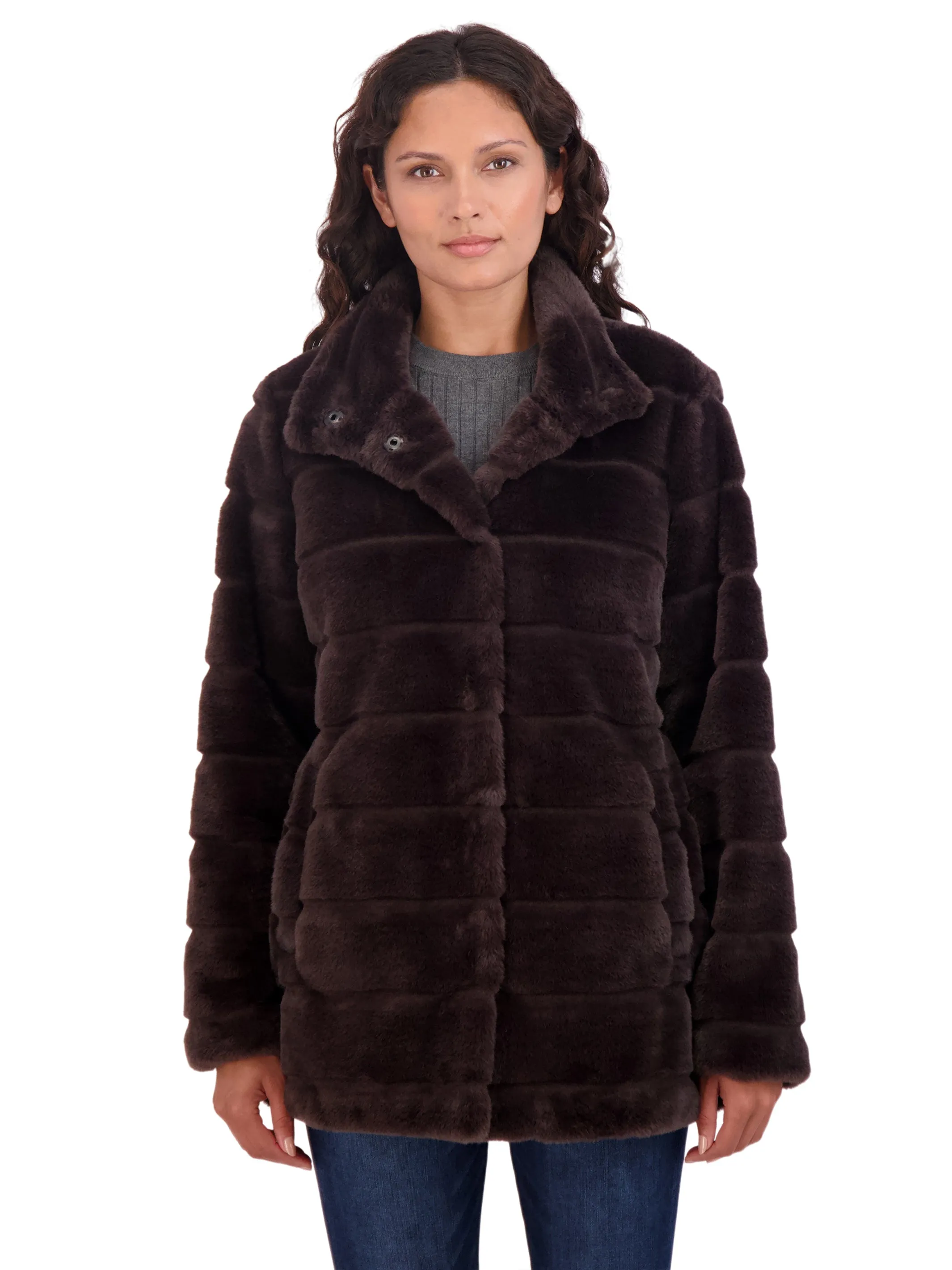 Sebby Collection Women's 3/4 Faux Fur Snap Front Coat