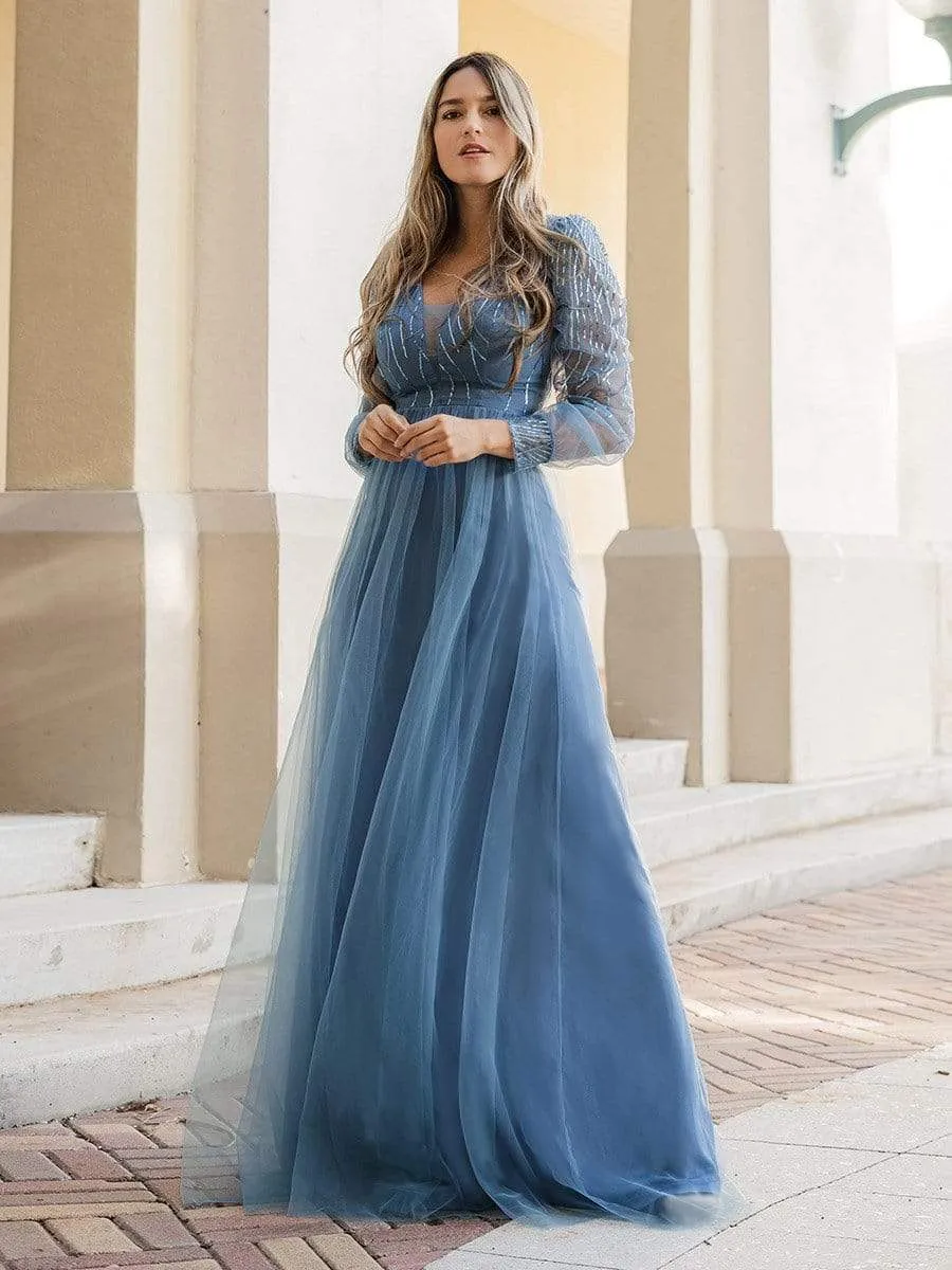 Sequin Bodice Sheer Long Sleeves Maxi Evening Dress