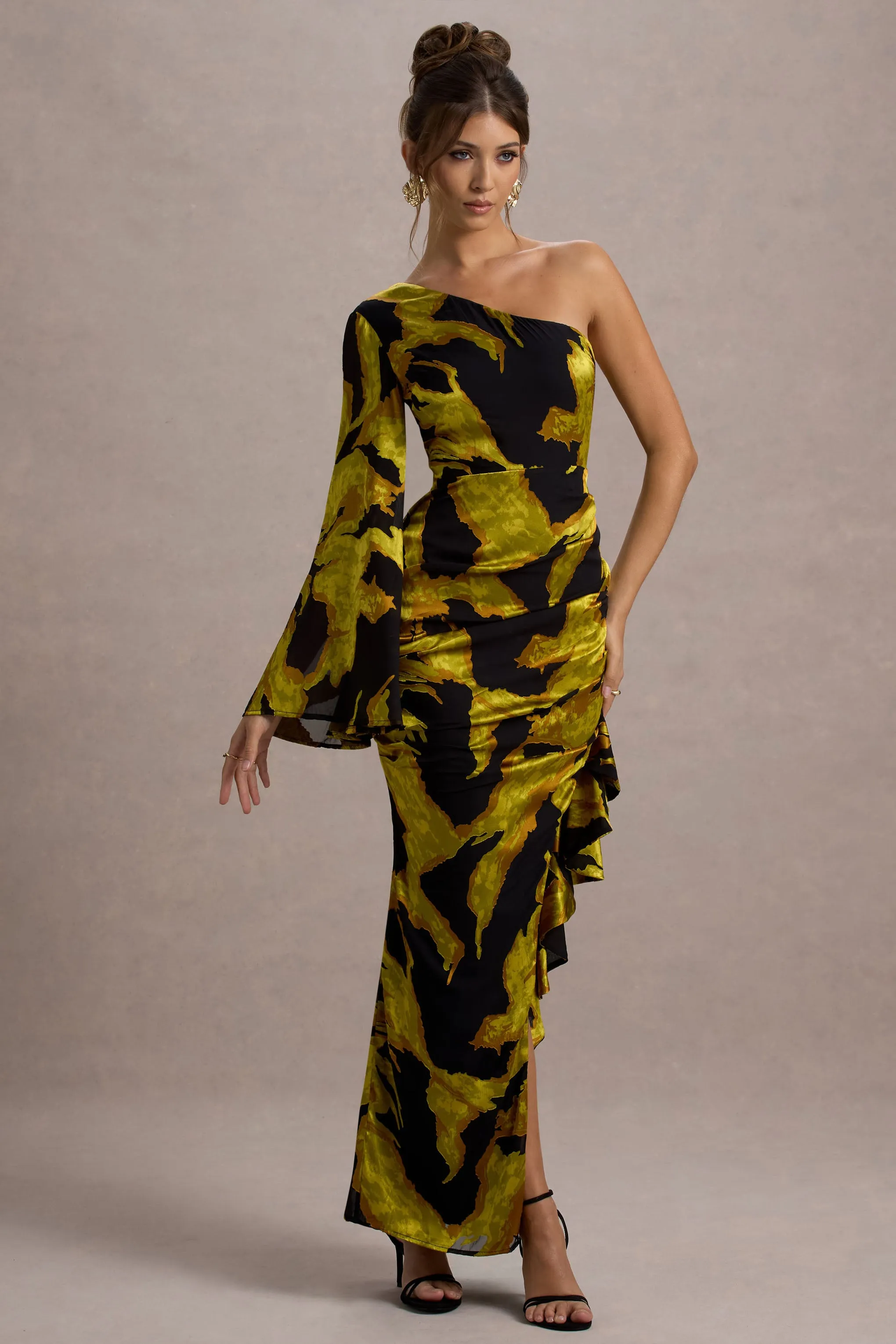 Sevilla | Mustard Print Satin Jacquard One Sleeve Ruffled Split Maxi Dress