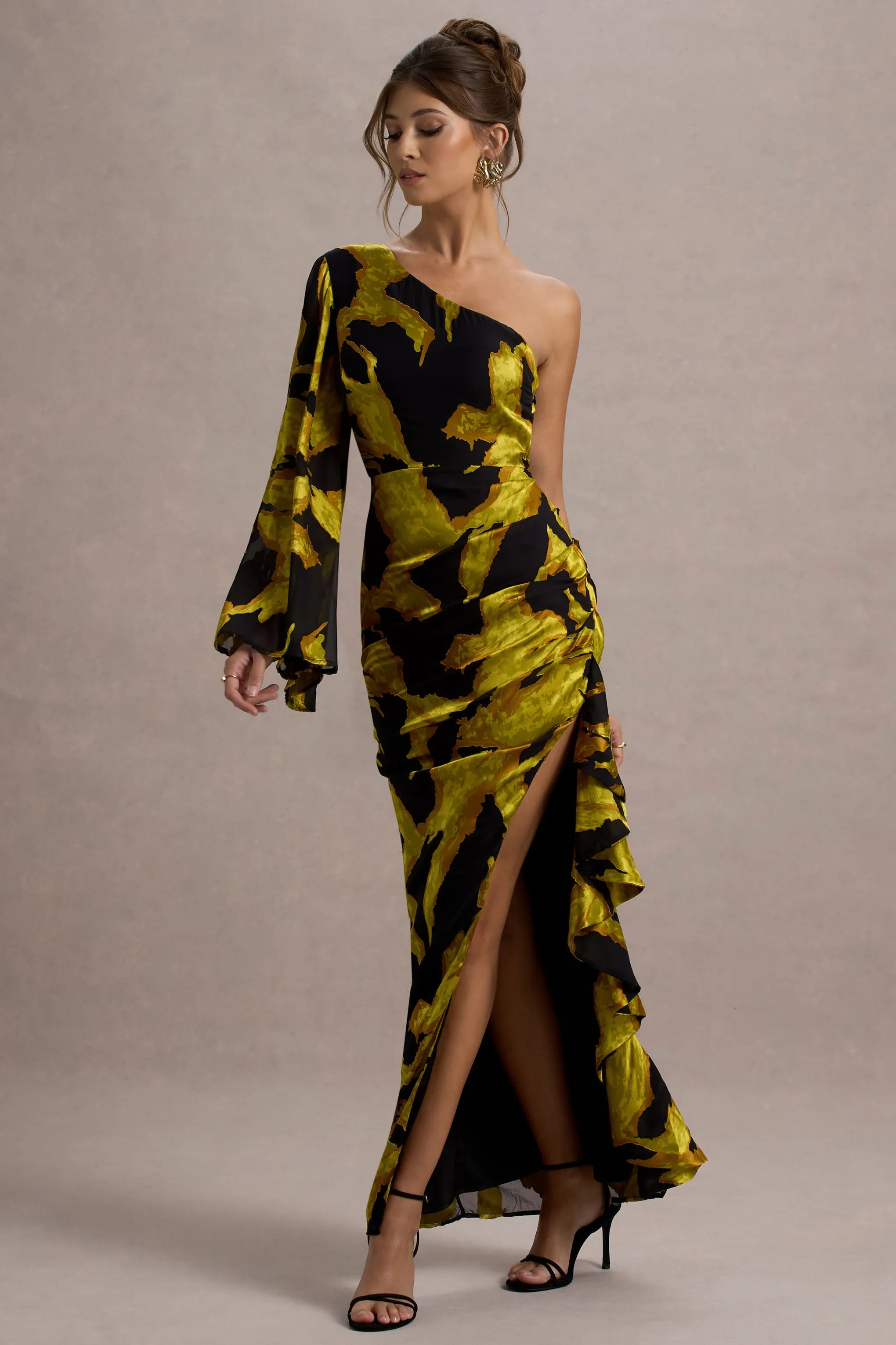 Sevilla | Mustard Print Satin Jacquard One Sleeve Ruffled Split Maxi Dress