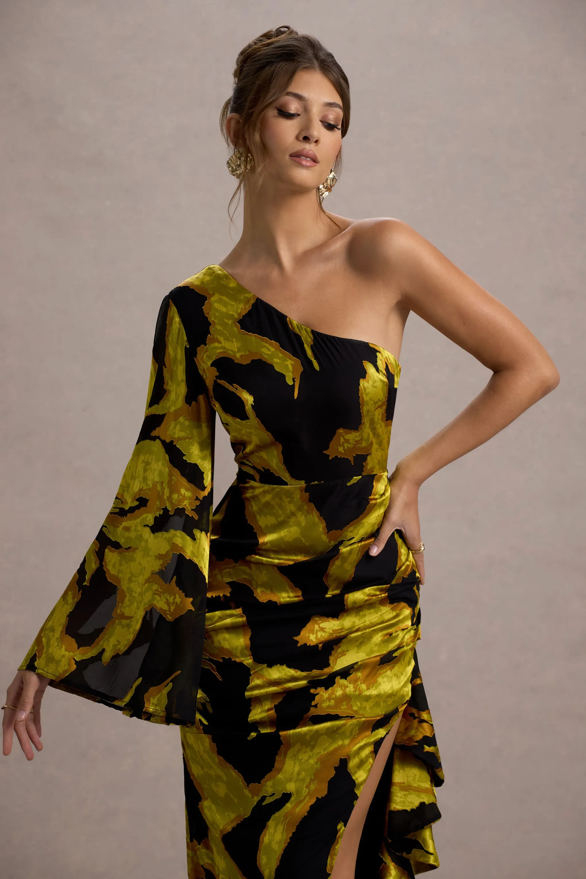 Sevilla | Mustard Print Satin Jacquard One Sleeve Ruffled Split Maxi Dress