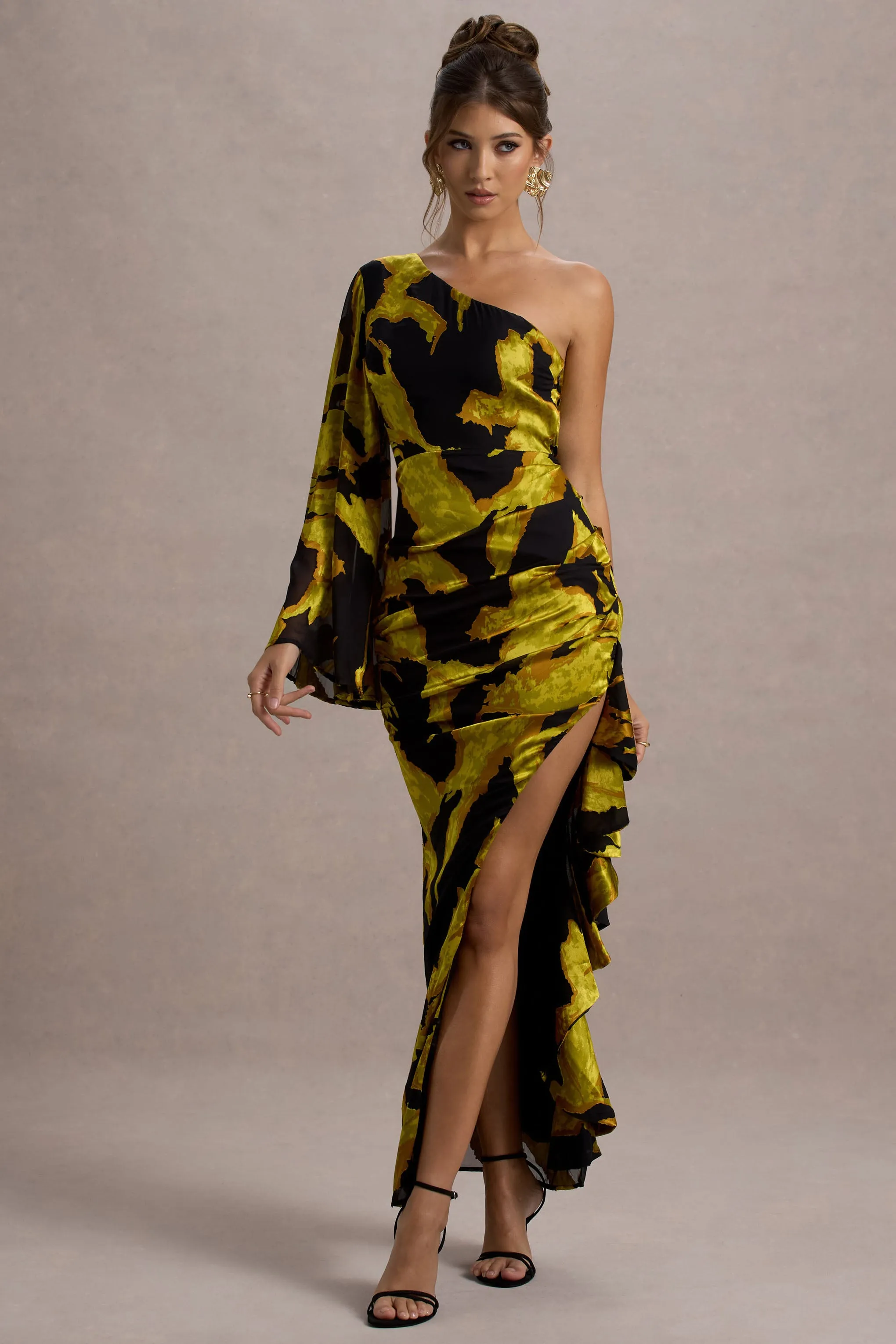 Sevilla | Mustard Print Satin Jacquard One Sleeve Ruffled Split Maxi Dress