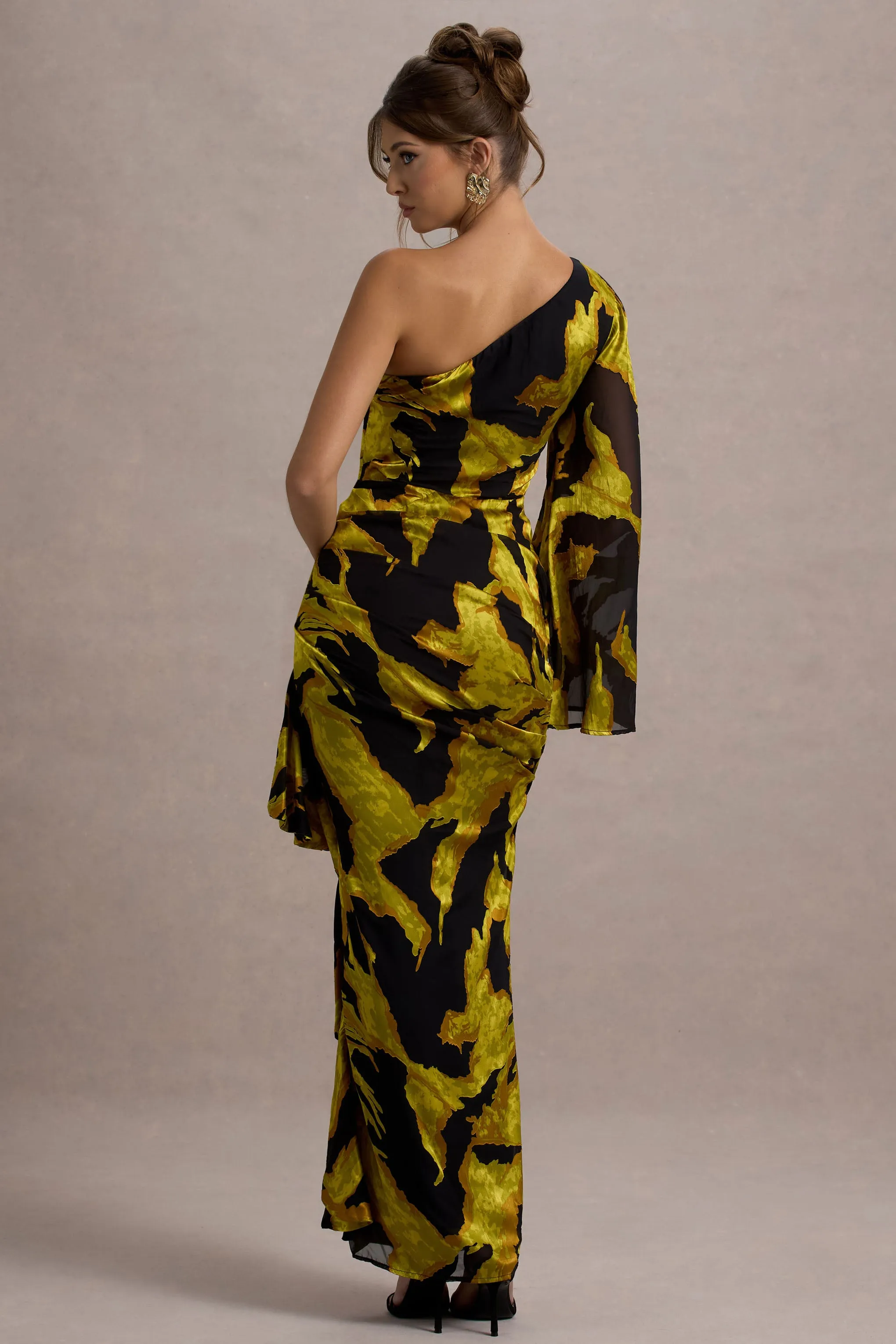 Sevilla | Mustard Print Satin Jacquard One Sleeve Ruffled Split Maxi Dress