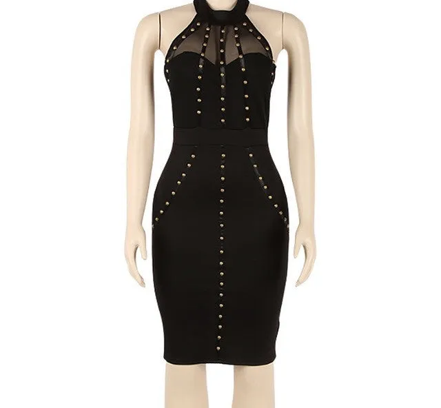 Sexy black studded halter bodycon dress