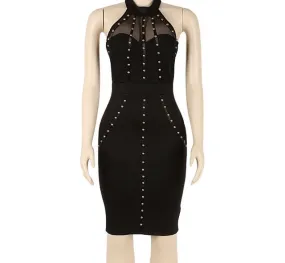 Sexy black studded halter bodycon dress