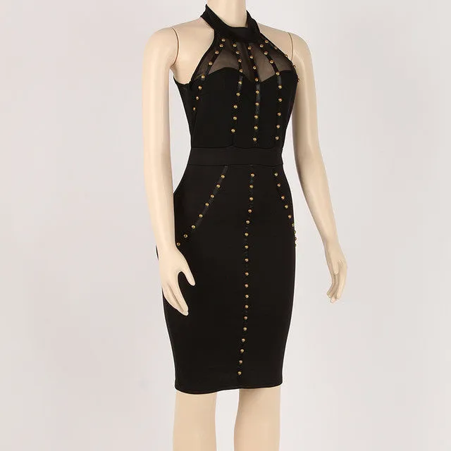 Sexy black studded halter bodycon dress