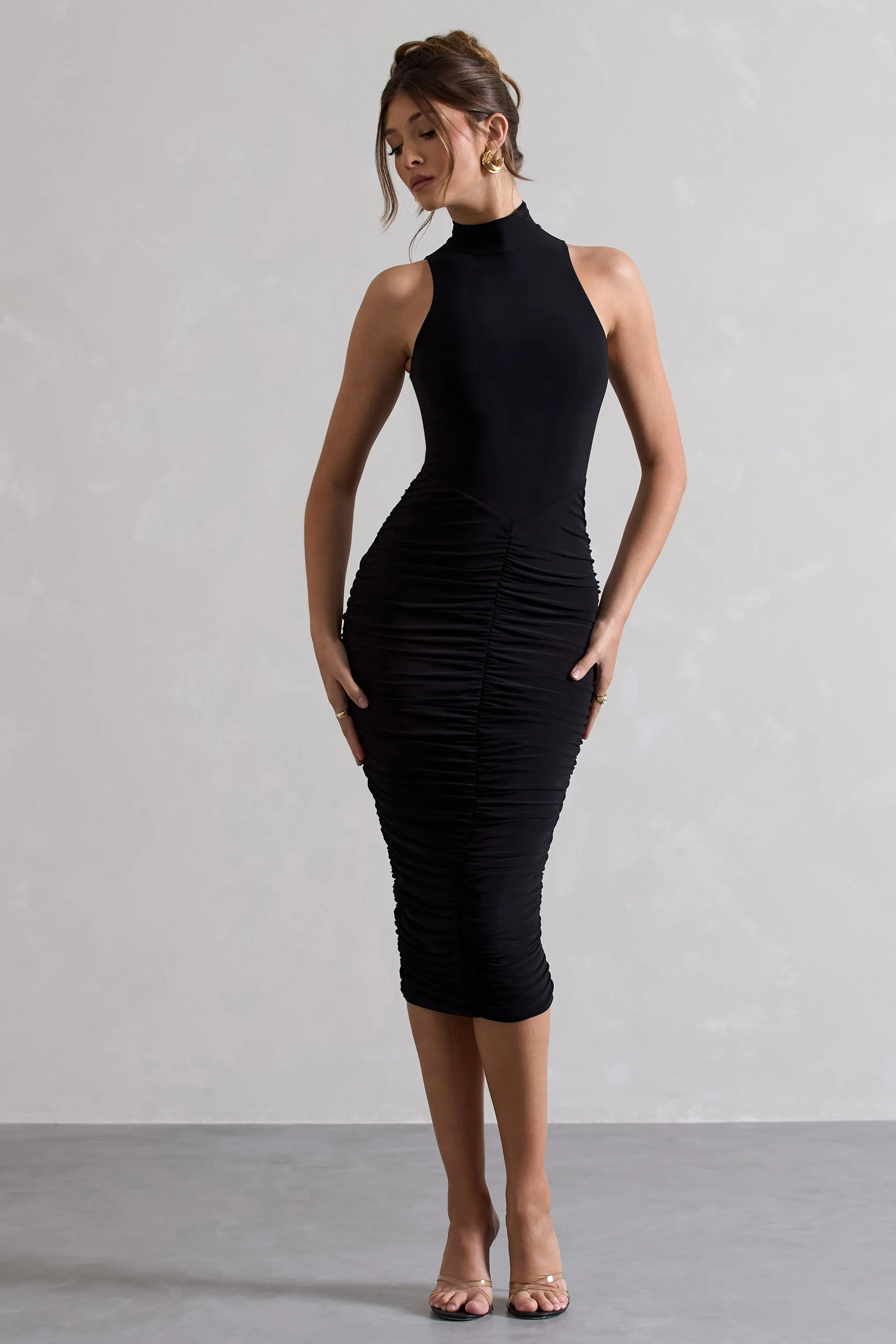 Sidnie | Black Ruched Bodycon High-Neck Midi Dress