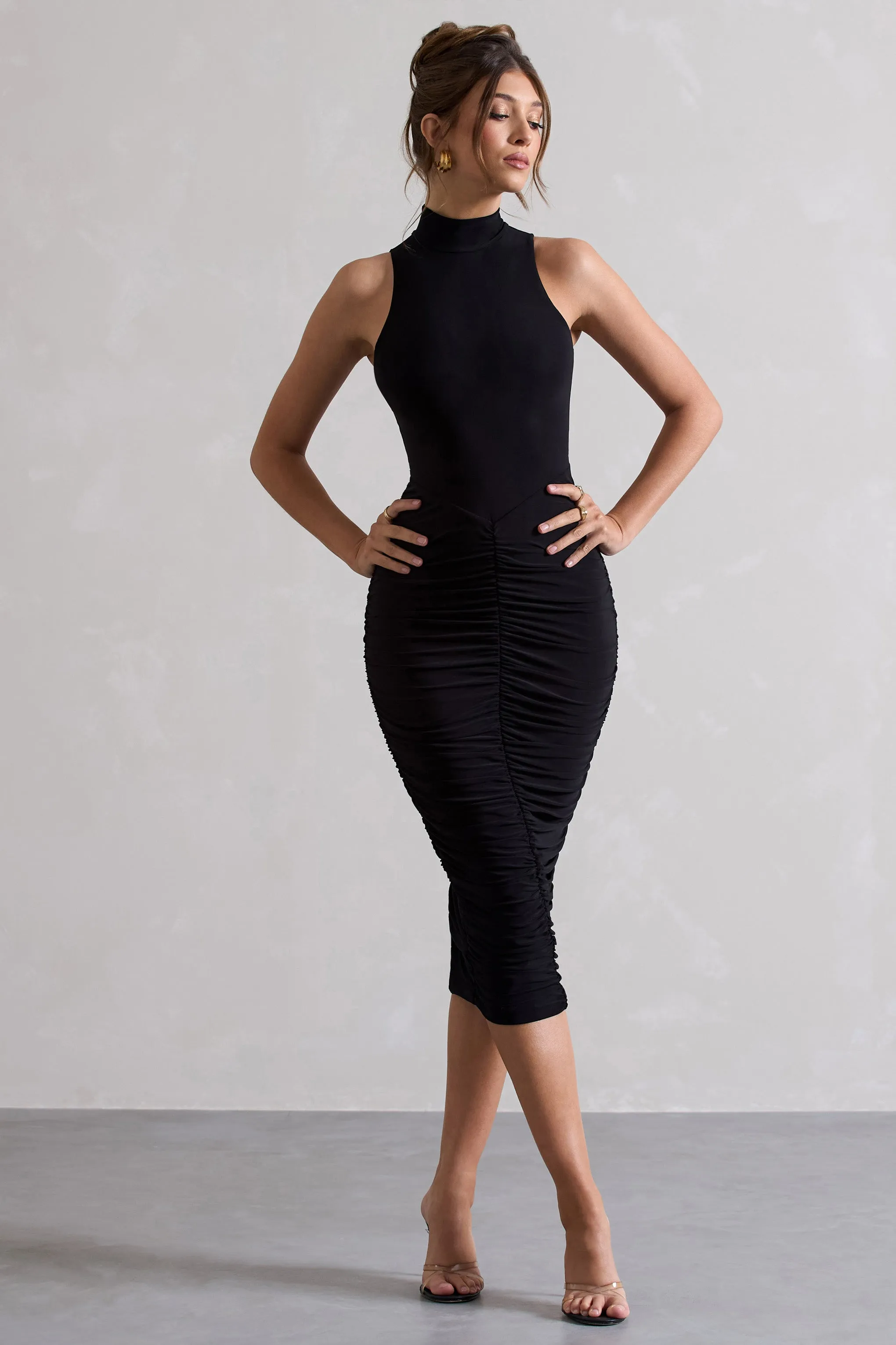 Sidnie | Black Ruched Bodycon High-Neck Midi Dress