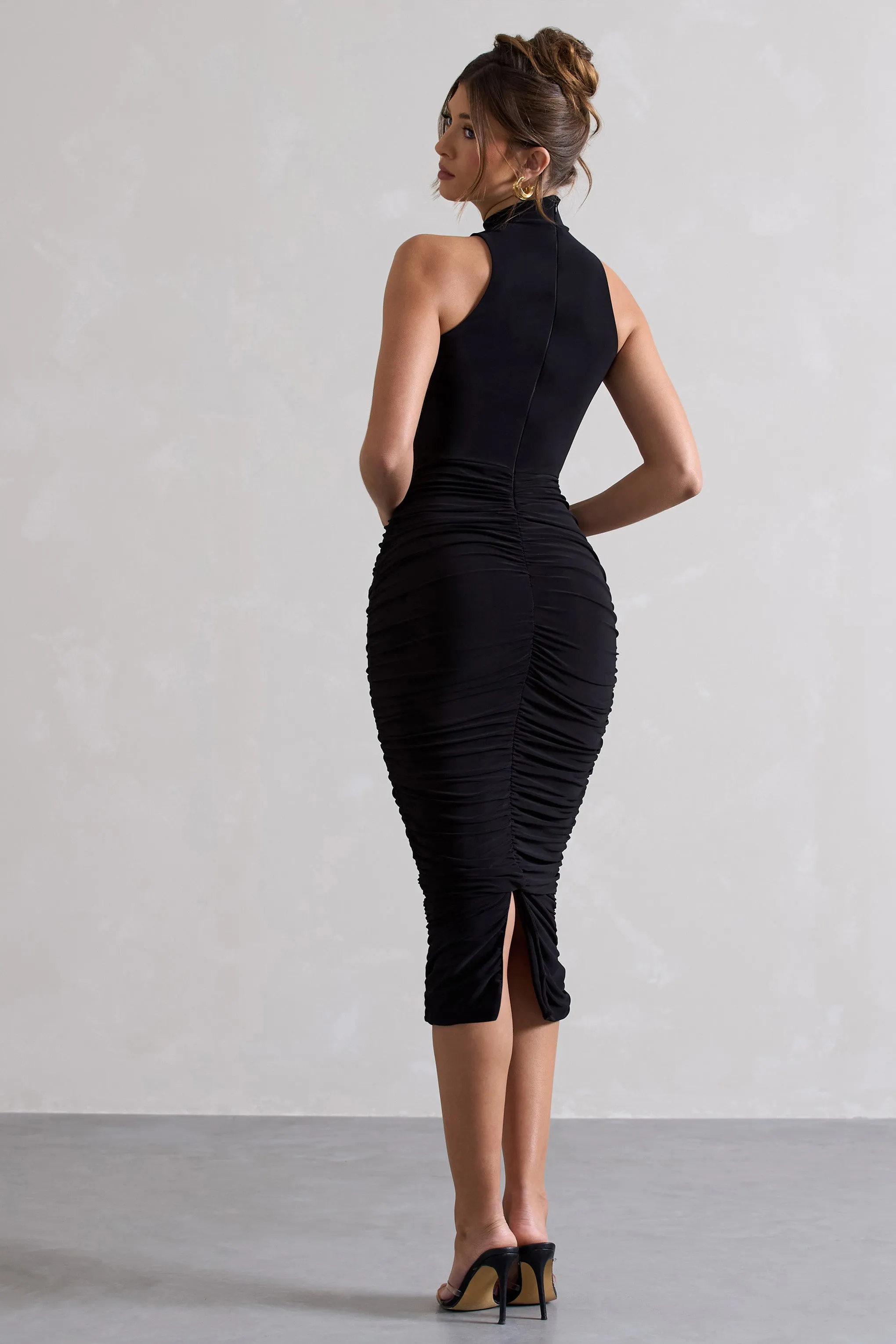 Sidnie | Black Ruched Bodycon High-Neck Midi Dress