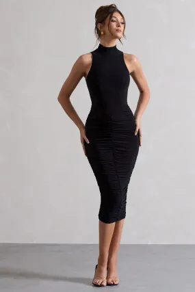 Sidnie | Black Ruched Bodycon High-Neck Midi Dress