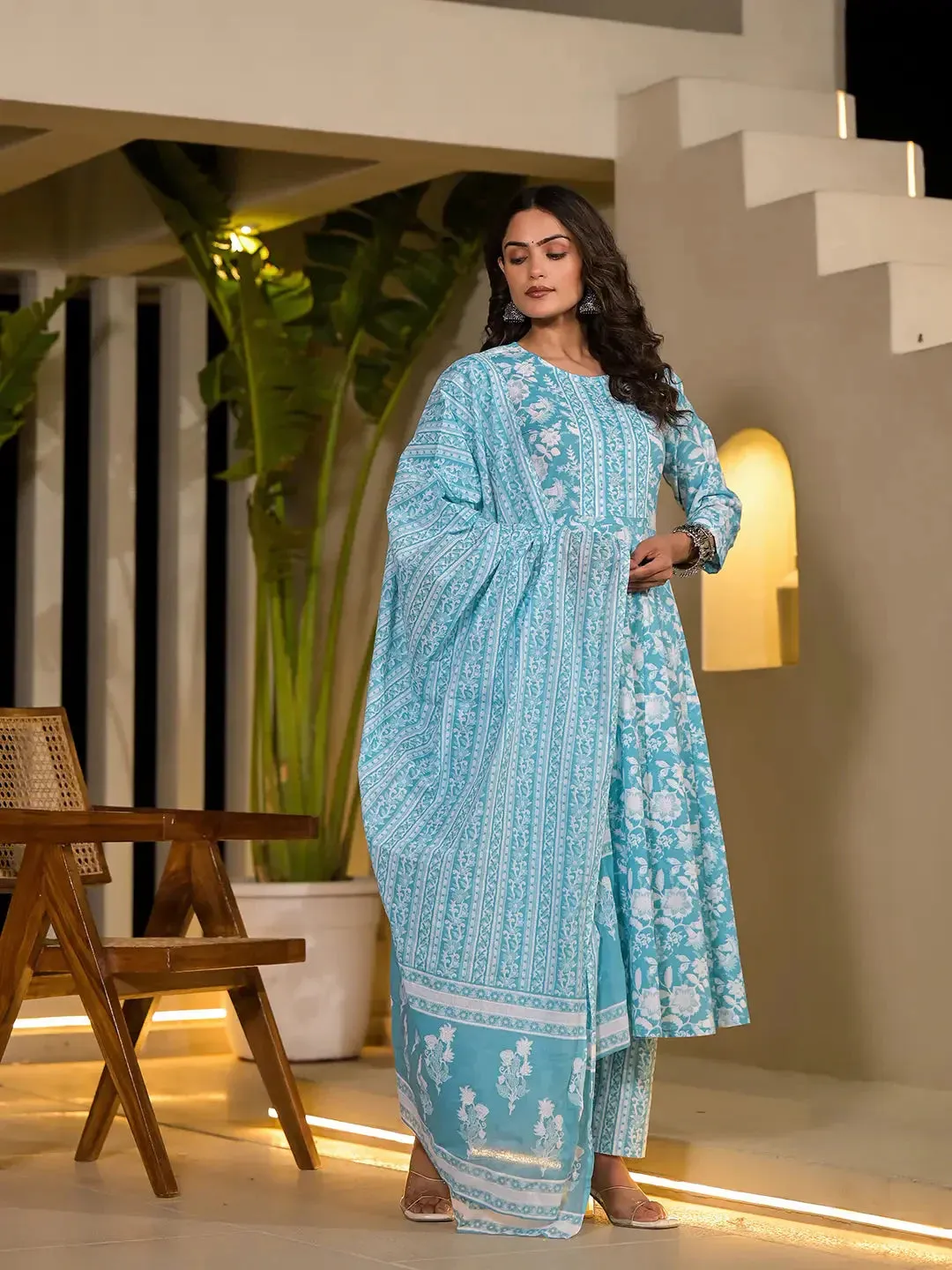 Sky Blue Cotton Sequins Work & Floral Print Anarkali Suit Set with Dupatta