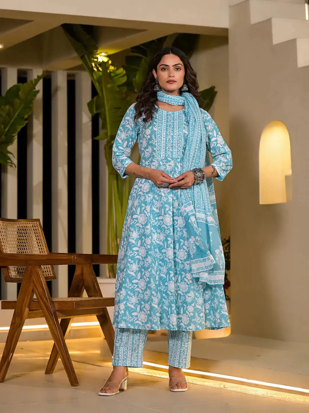 Sky Blue Cotton Sequins Work & Floral Print Anarkali Suit Set with Dupatta