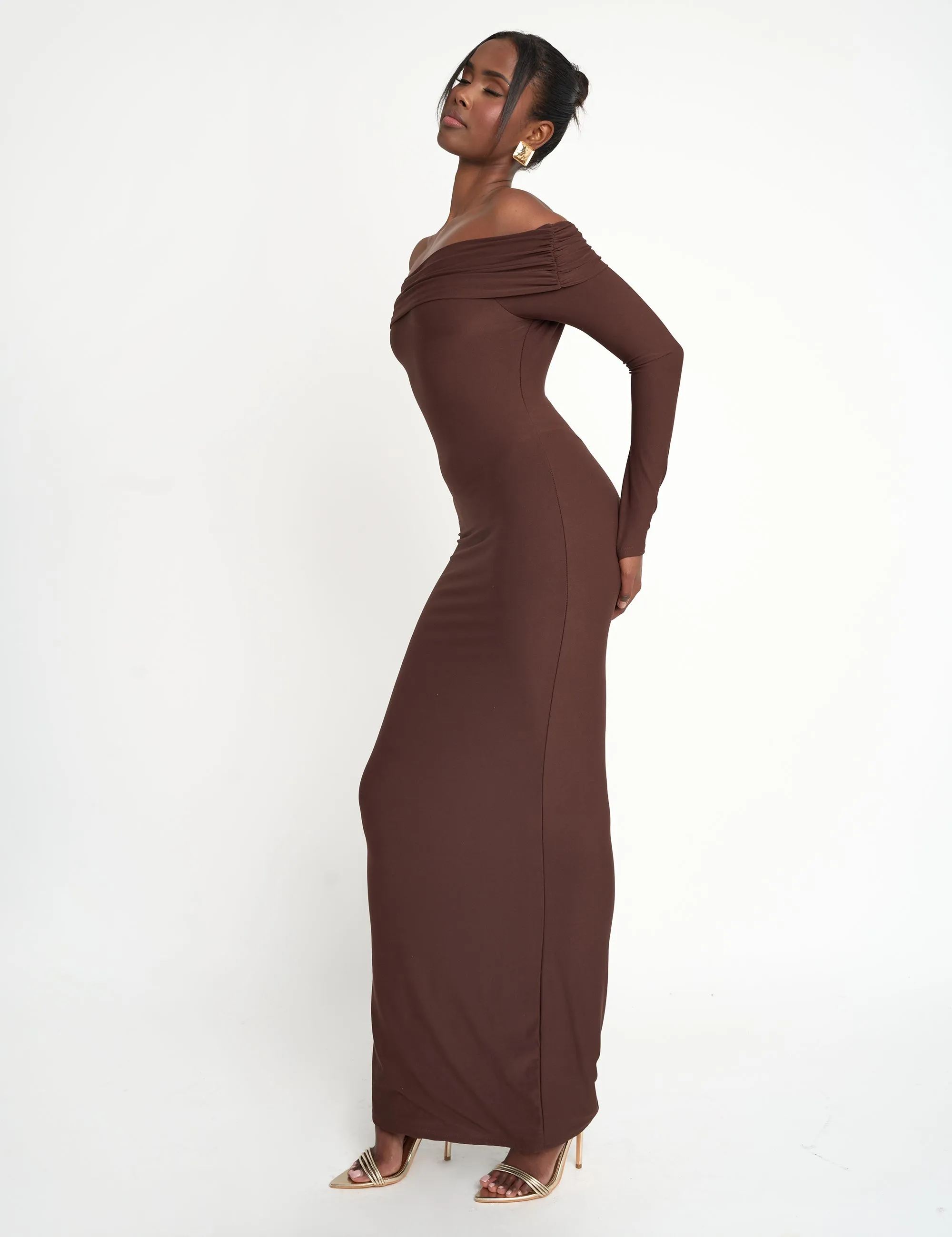 Slinky Bardot Maxi Dress Brown