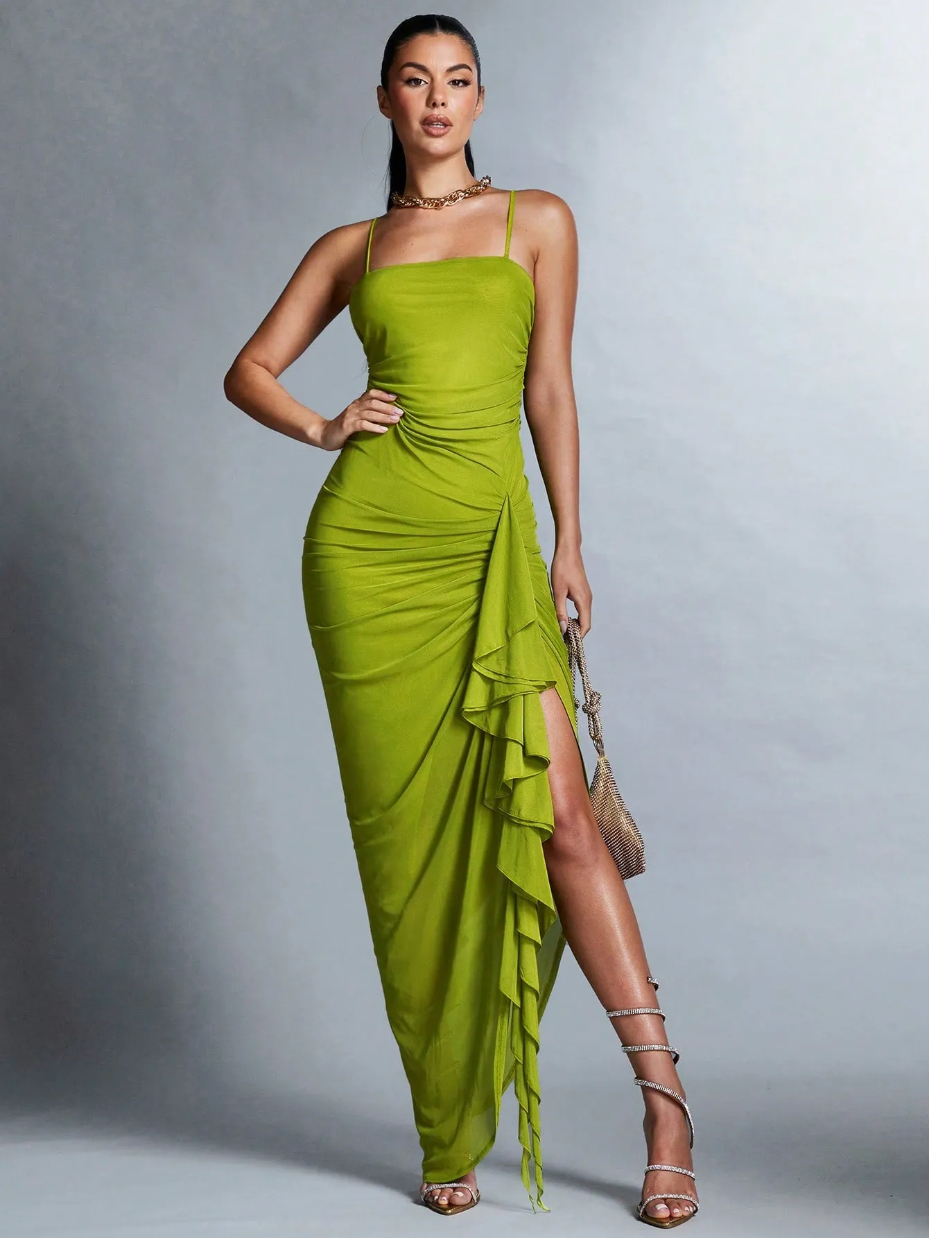 Solid Color Frill Edge Pleated Party Spaghetti Strap Dress