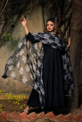 Solid Rayon Black Anarkali Suit Set with Printed Dupatta