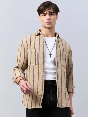 Style Quotient Men Khaki Stripe Textured solid Shirt