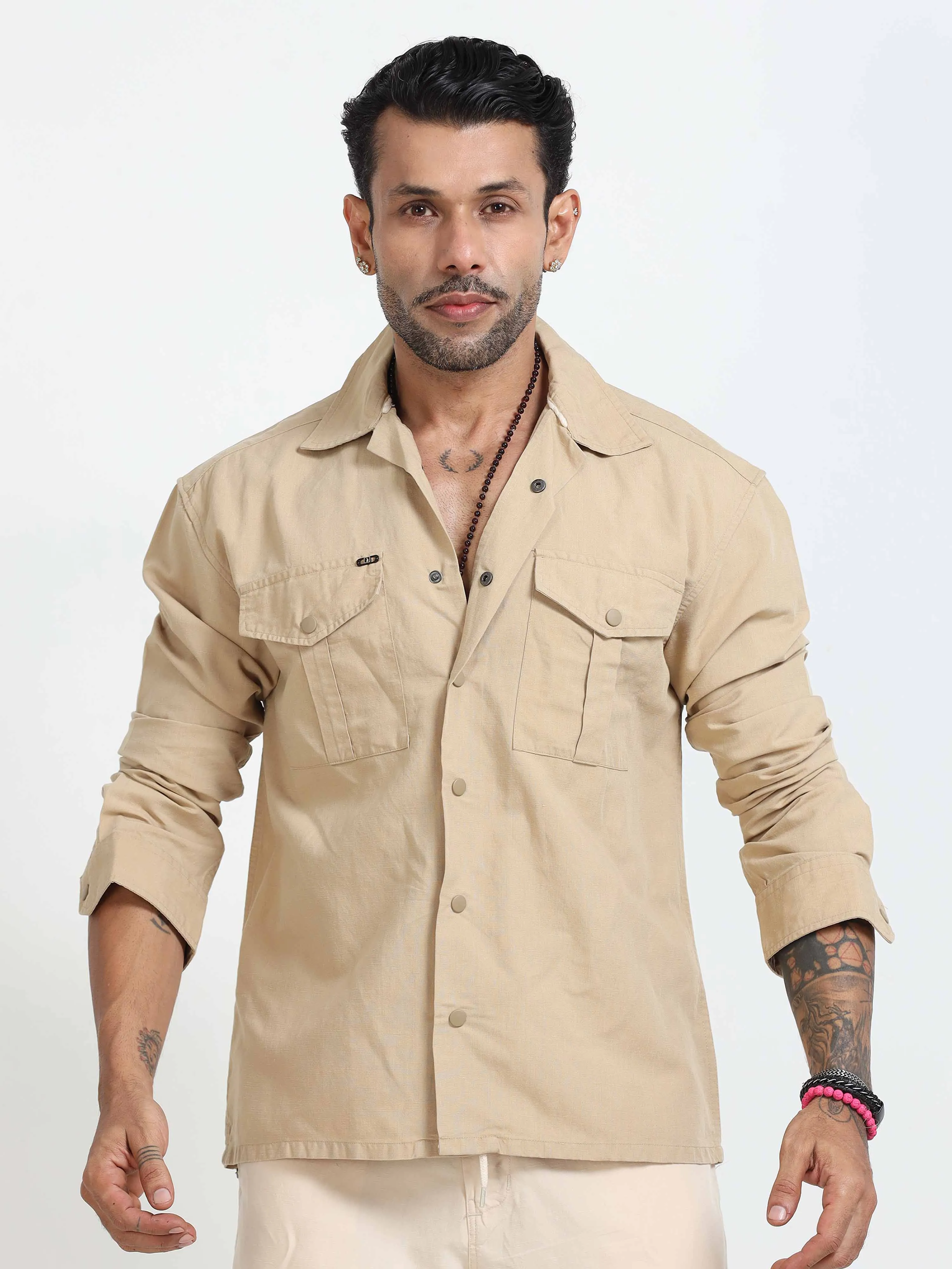 Style Shield Linen Shacket In Beige