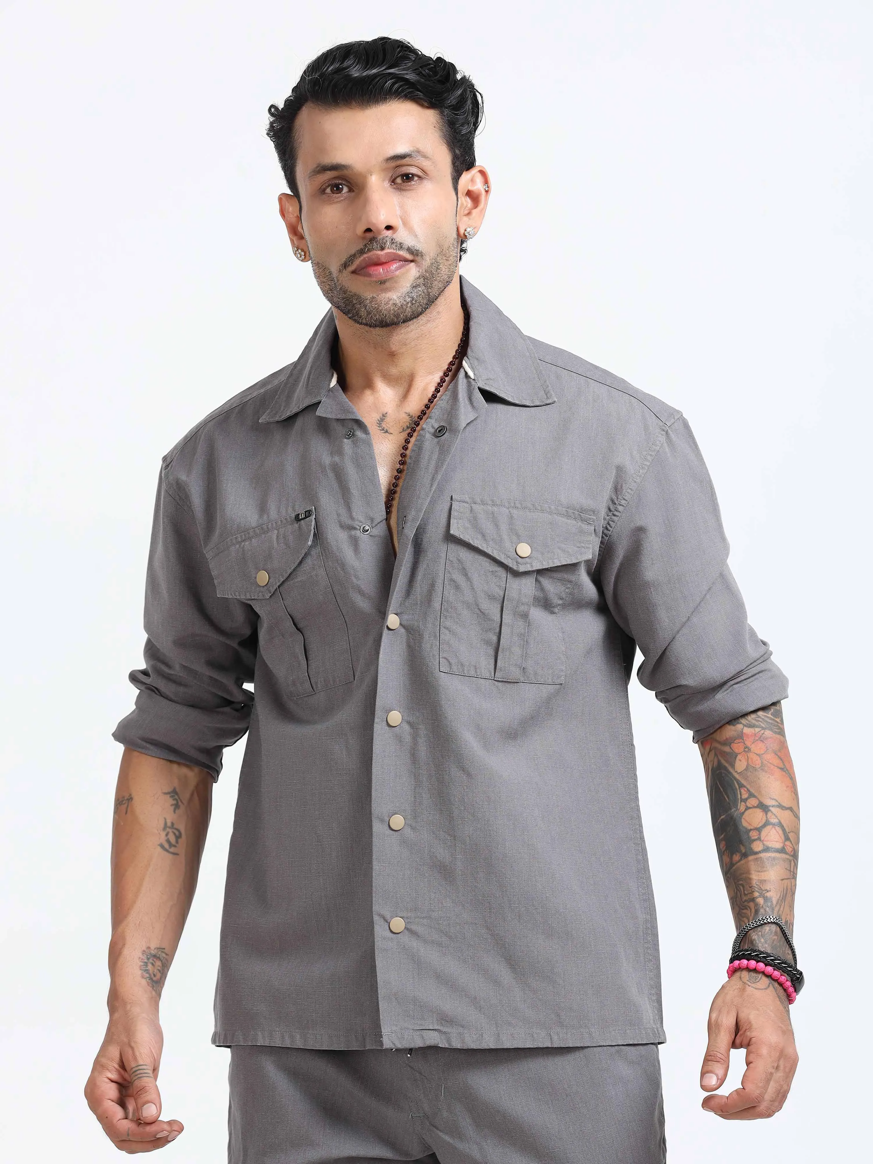 Style Shield Linen Shacket In Grey