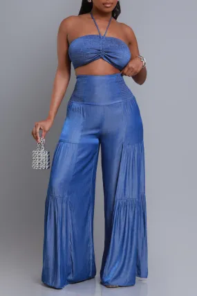 Surrender Cropped Wide Leg Pants Set - Blue