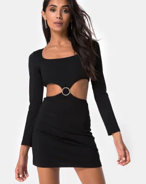 Tashi Bodycon Dress in Black with Diamante Ring Black