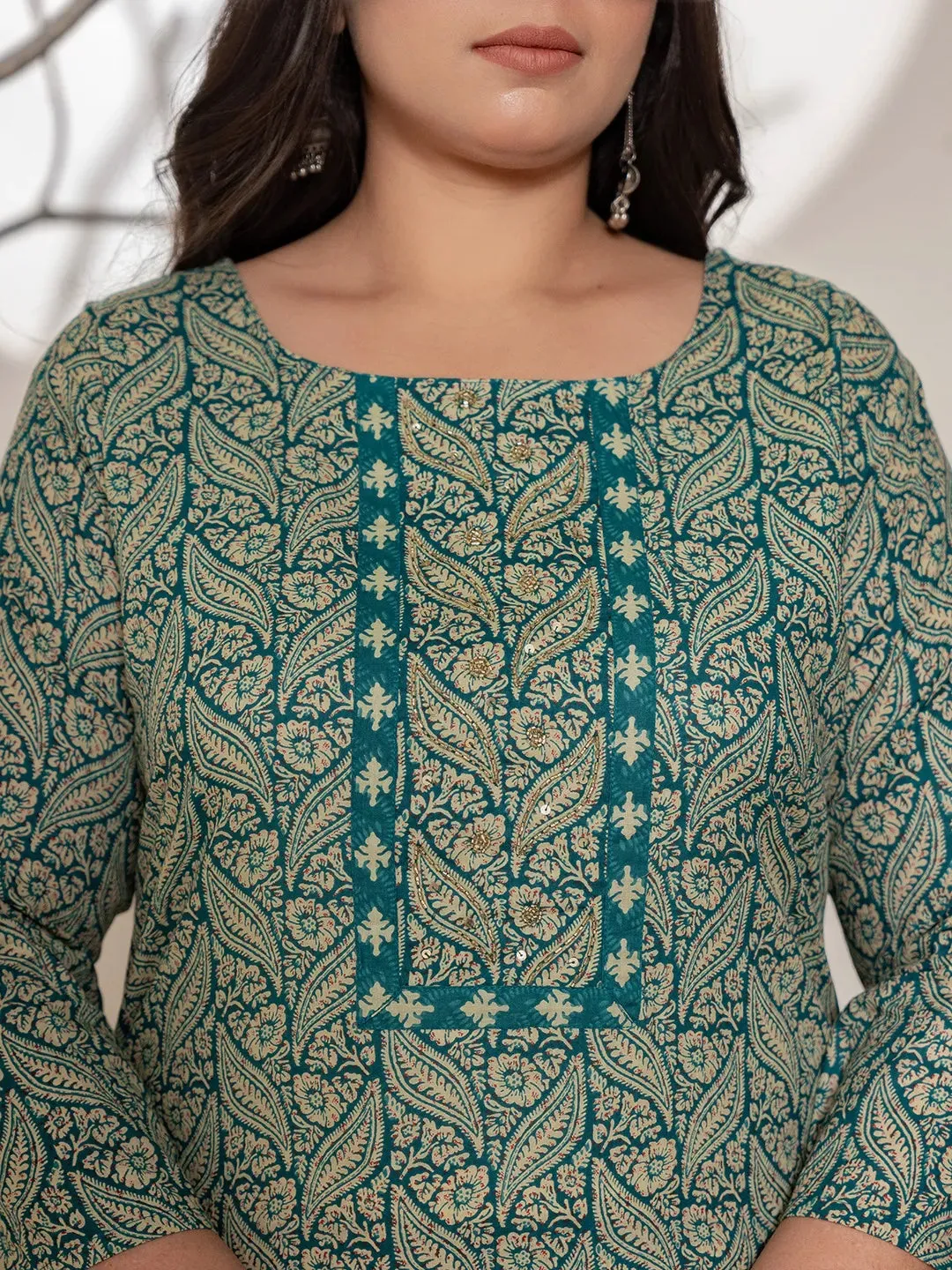 Teal Green Cotton Ethnic Motif Printed, Beads & Stone Detailing Suit Set with Voile Dupatta