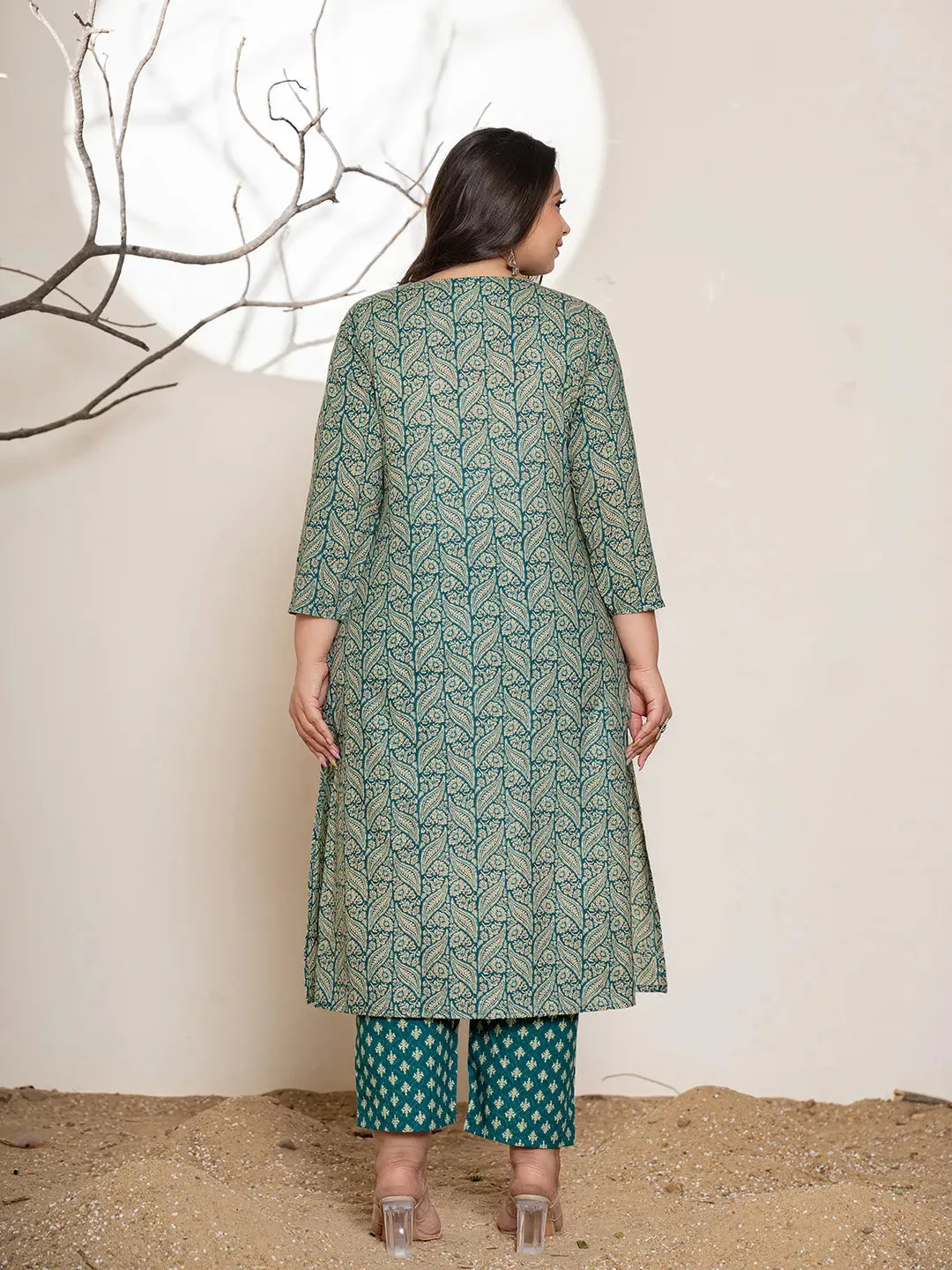 Teal Green Cotton Ethnic Motif Printed, Beads & Stone Detailing Suit Set with Voile Dupatta