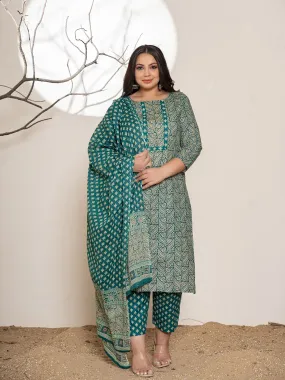 Teal Green Cotton Ethnic Motif Printed, Beads & Stone Detailing Suit Set with Voile Dupatta