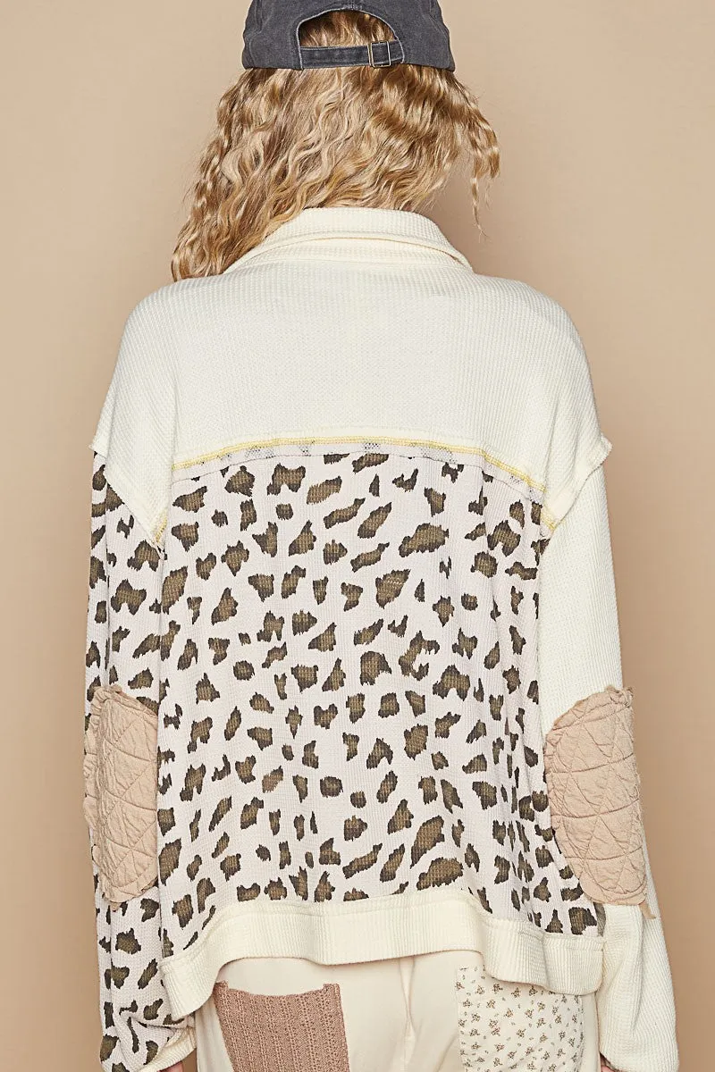 TEEK - Cream Multi Leopard Exposed Seam Button Up Quilted Jacket