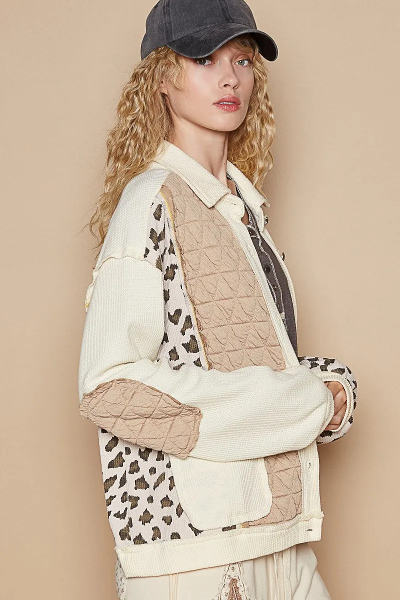 TEEK - Cream Multi Leopard Exposed Seam Button Up Quilted Jacket