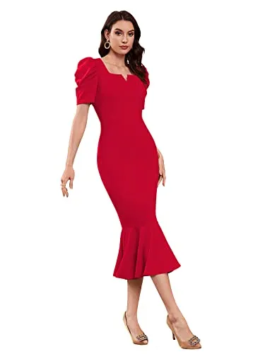 TESSAVEGAS Women's Puff MIDI Bodycon Dress (M, Red)