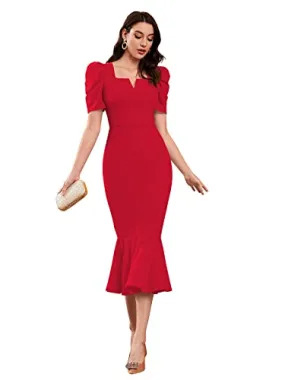 TESSAVEGAS Women's Puff MIDI Bodycon Dress (M, Red)