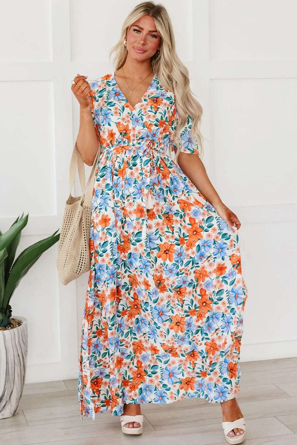 Tied Slit Printed Half Sleeve Maxi Dress