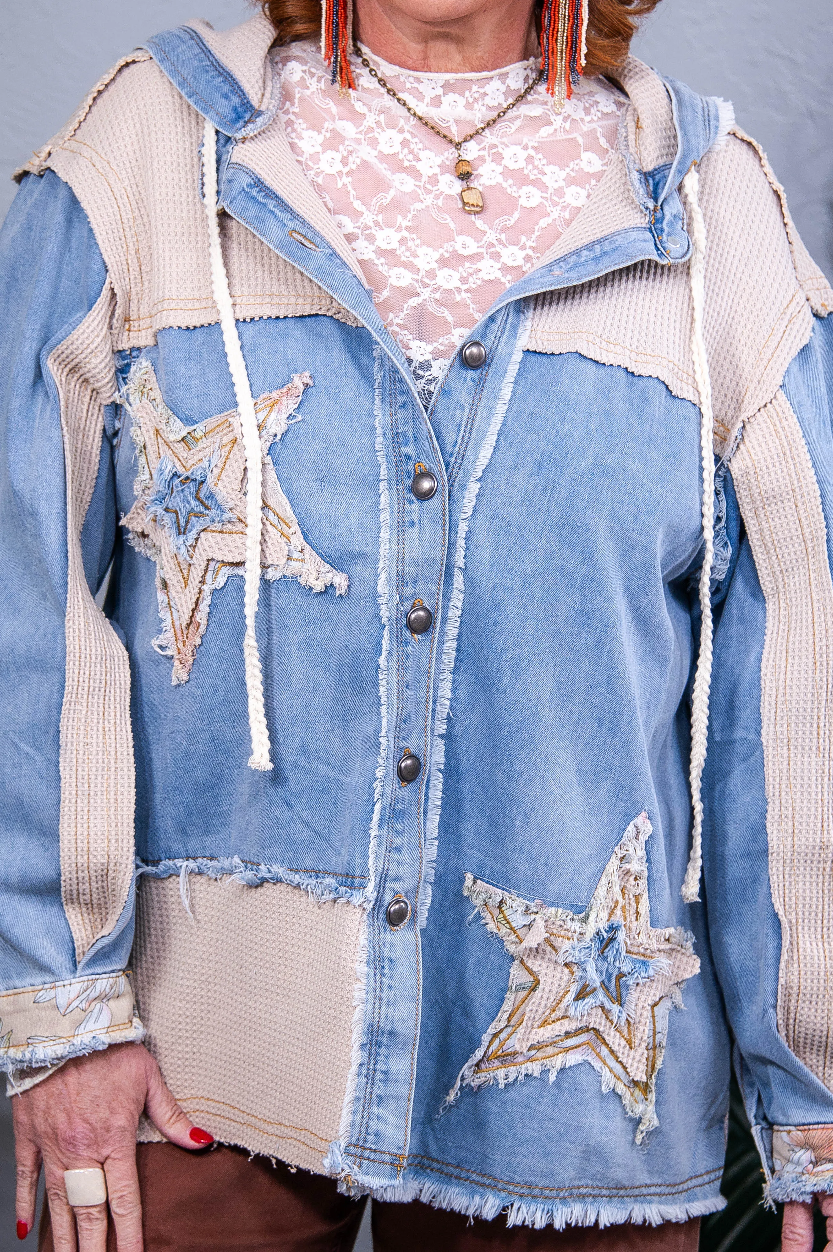 Timeless Beauty Denim/Beige Star/Multi Pattern Frayed Shacket - O5692DN