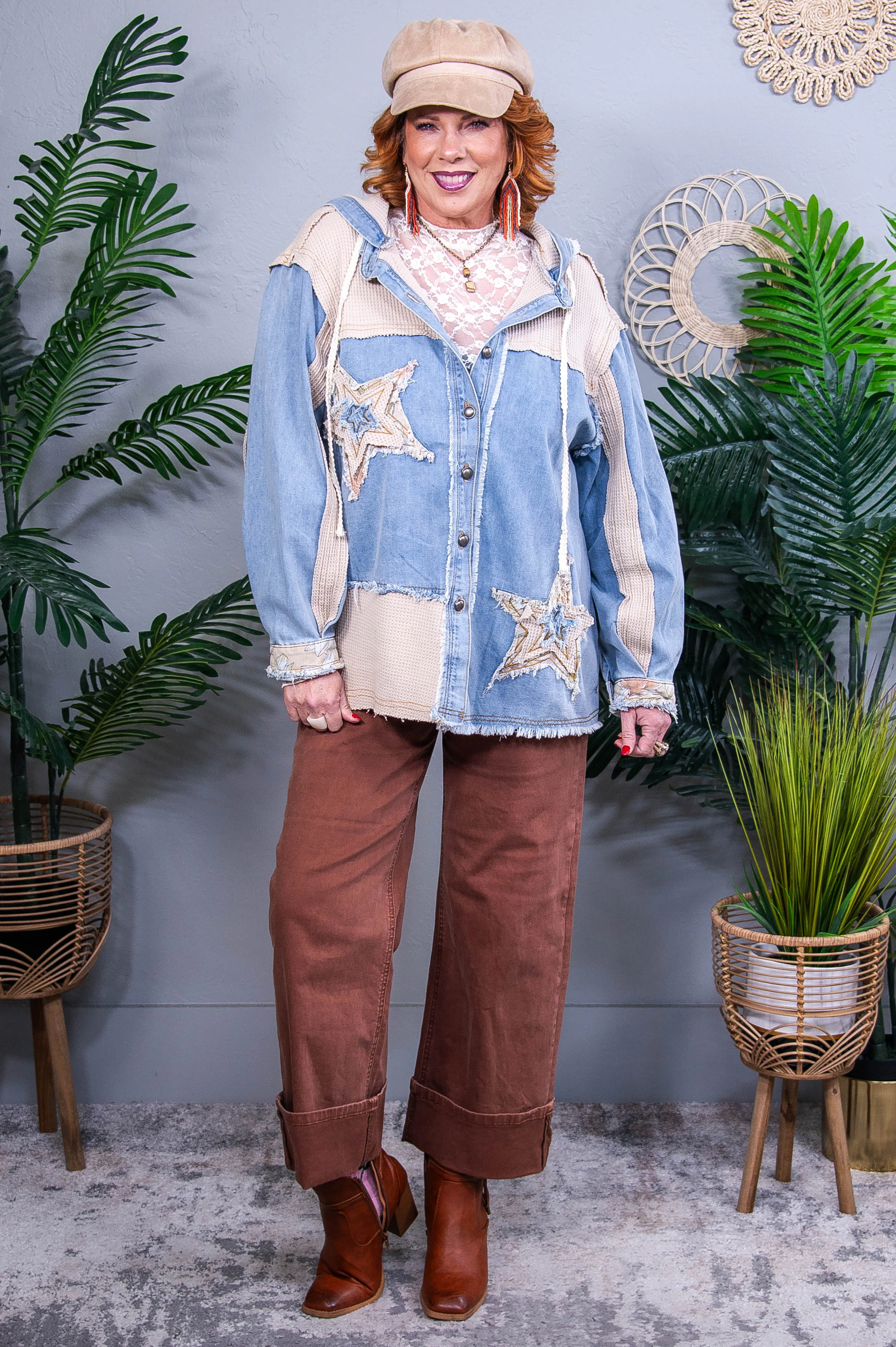 Timeless Beauty Denim/Beige Star/Multi Pattern Frayed Shacket - O5692DN