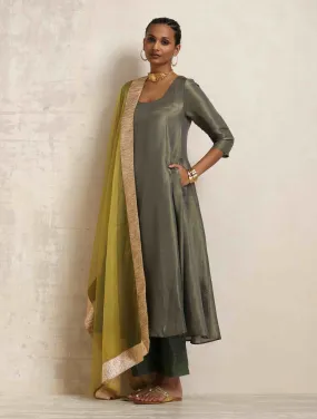 trueBrowns Grey Tissue Anarkali Kurta Dupatta Set