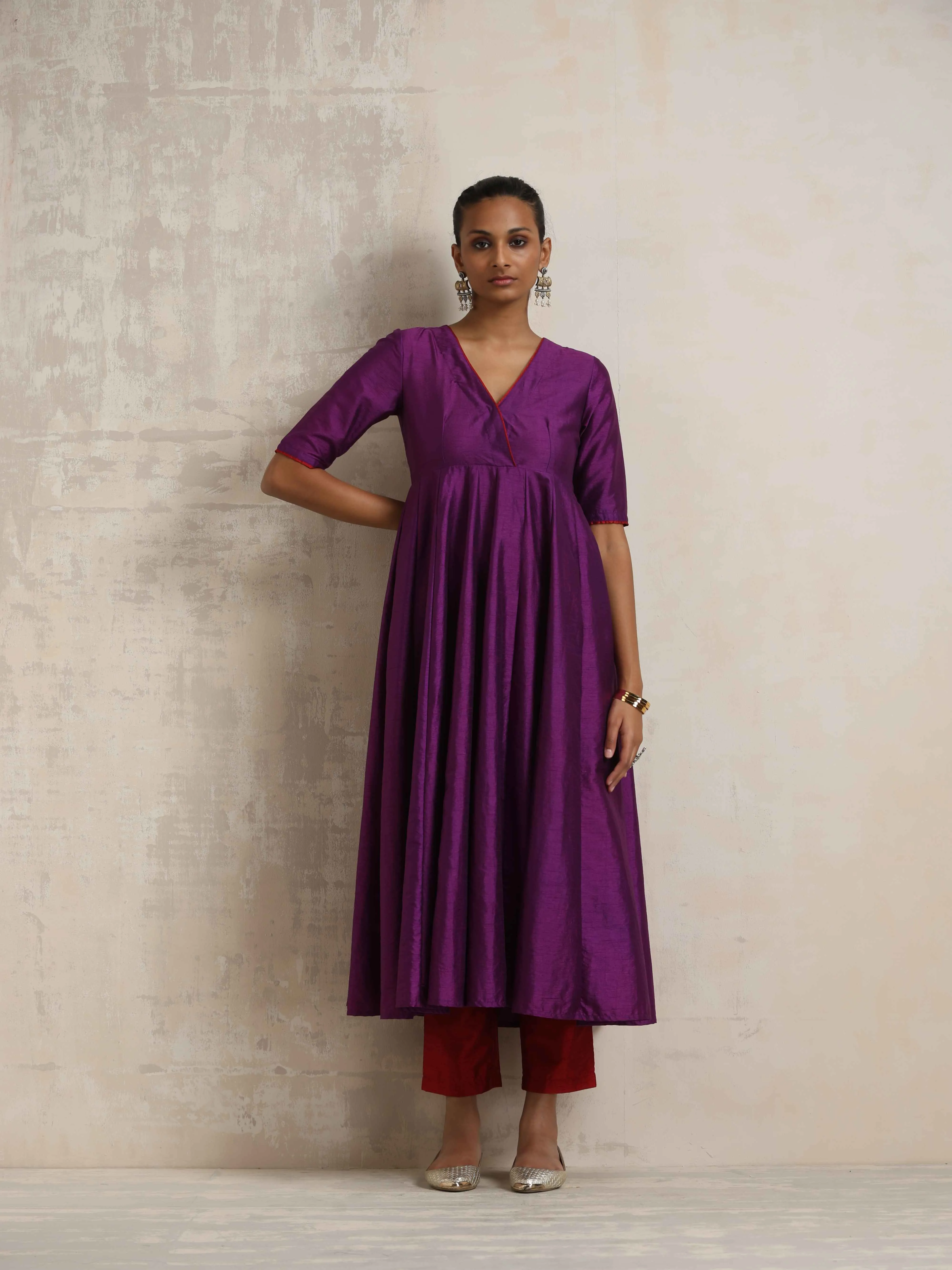 trueBrowns Purple Silk Anarkali Kurta Pant Dupatta Set