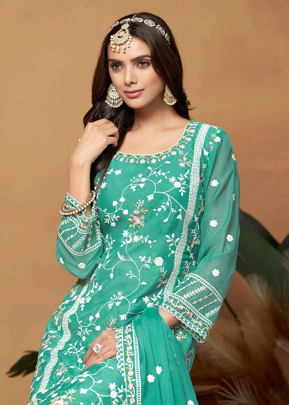 Turquoise Blue Organza Embroidered Suit Set with Dupatta