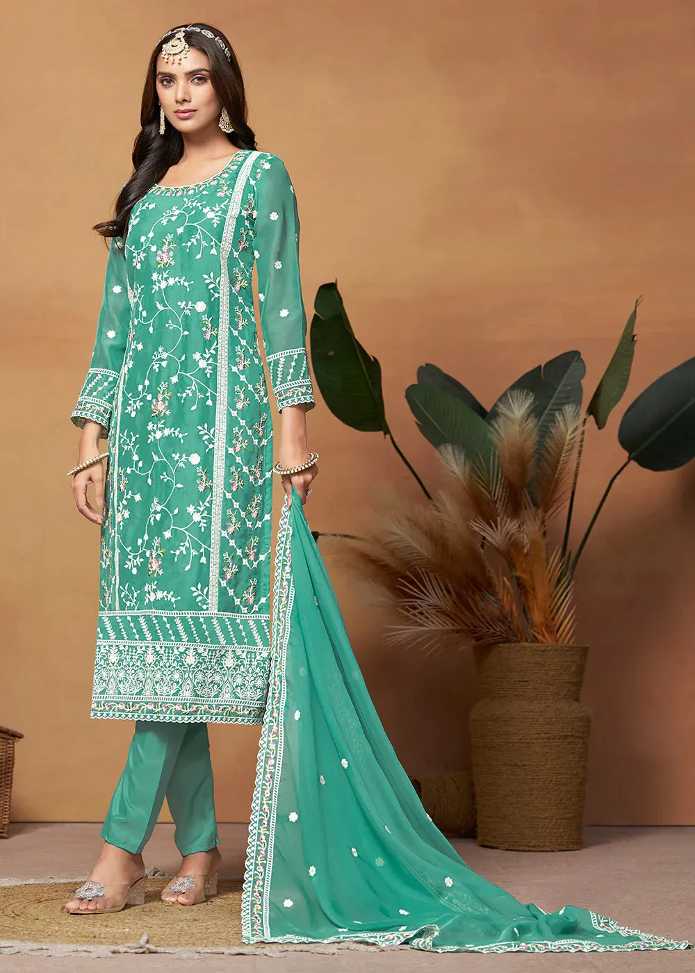 Turquoise Blue Organza Embroidered Suit Set with Dupatta