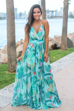 Turquoise Tropical Print Maxi Dress