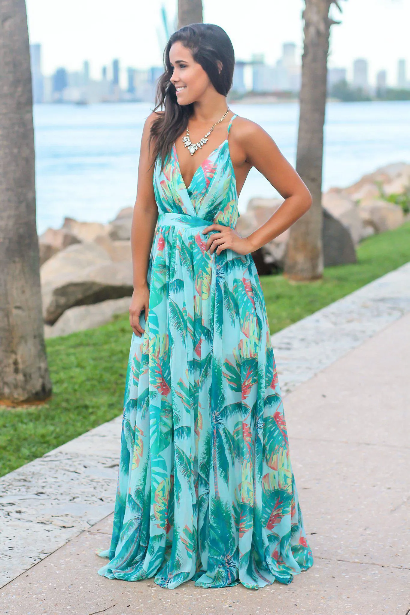 Turquoise Tropical Print Maxi Dress