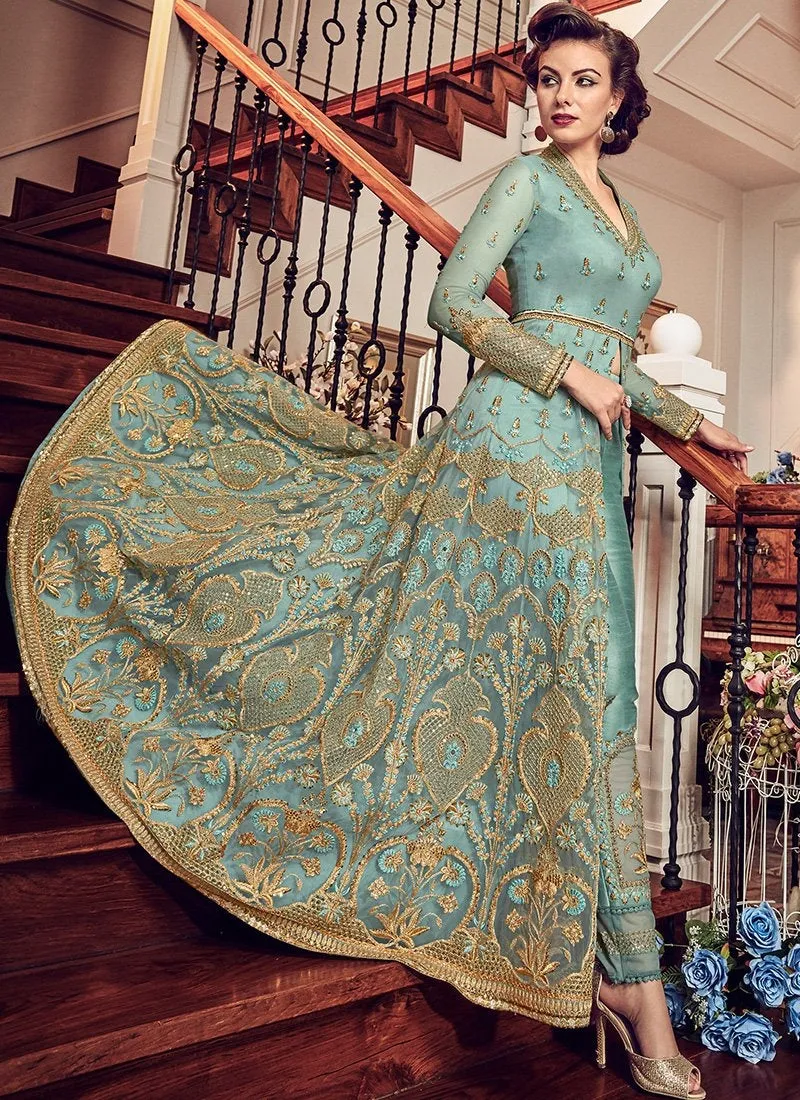 Turquoise With Golden Details Kalidar Anarkali Lehenga/Pant Suit