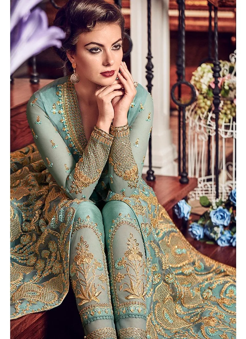 Turquoise With Golden Details Kalidar Anarkali Lehenga/Pant Suit