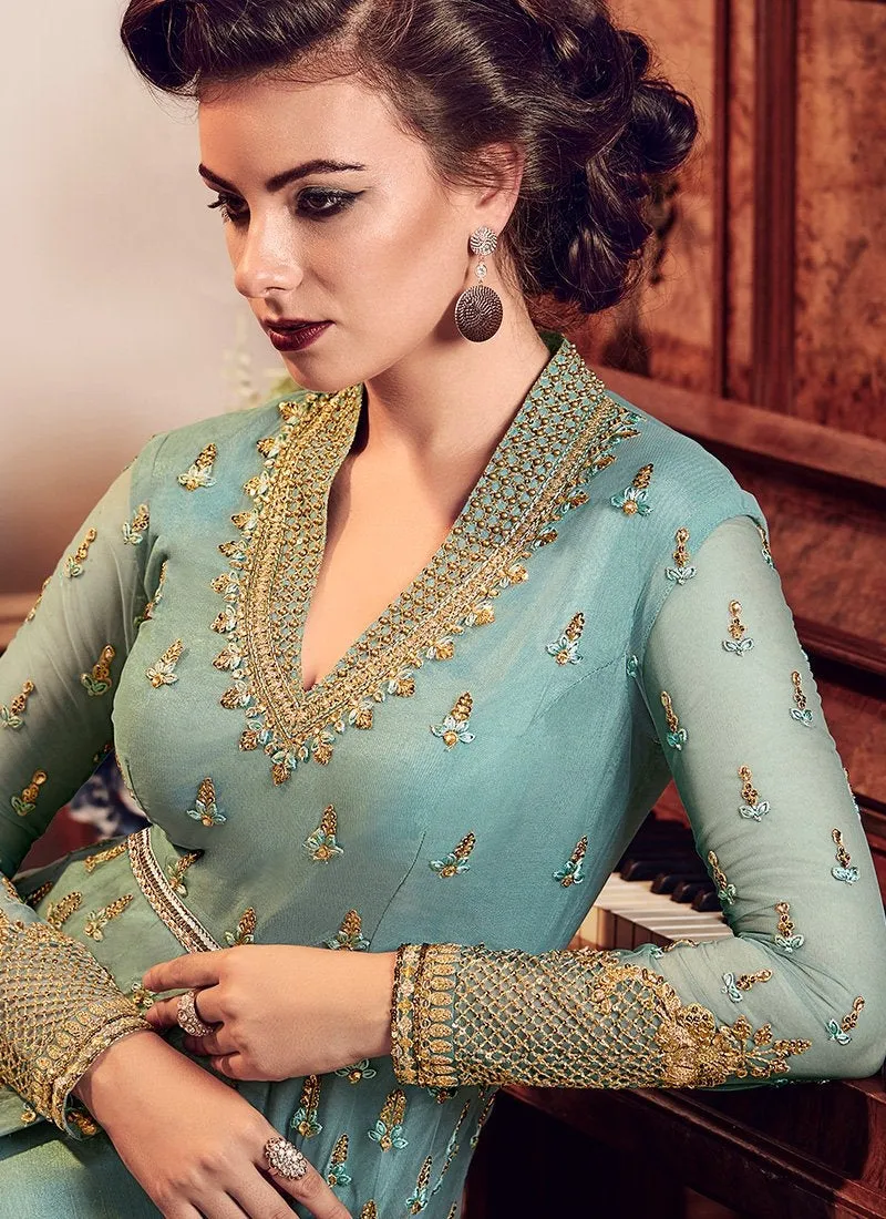 Turquoise With Golden Details Kalidar Anarkali Lehenga/Pant Suit