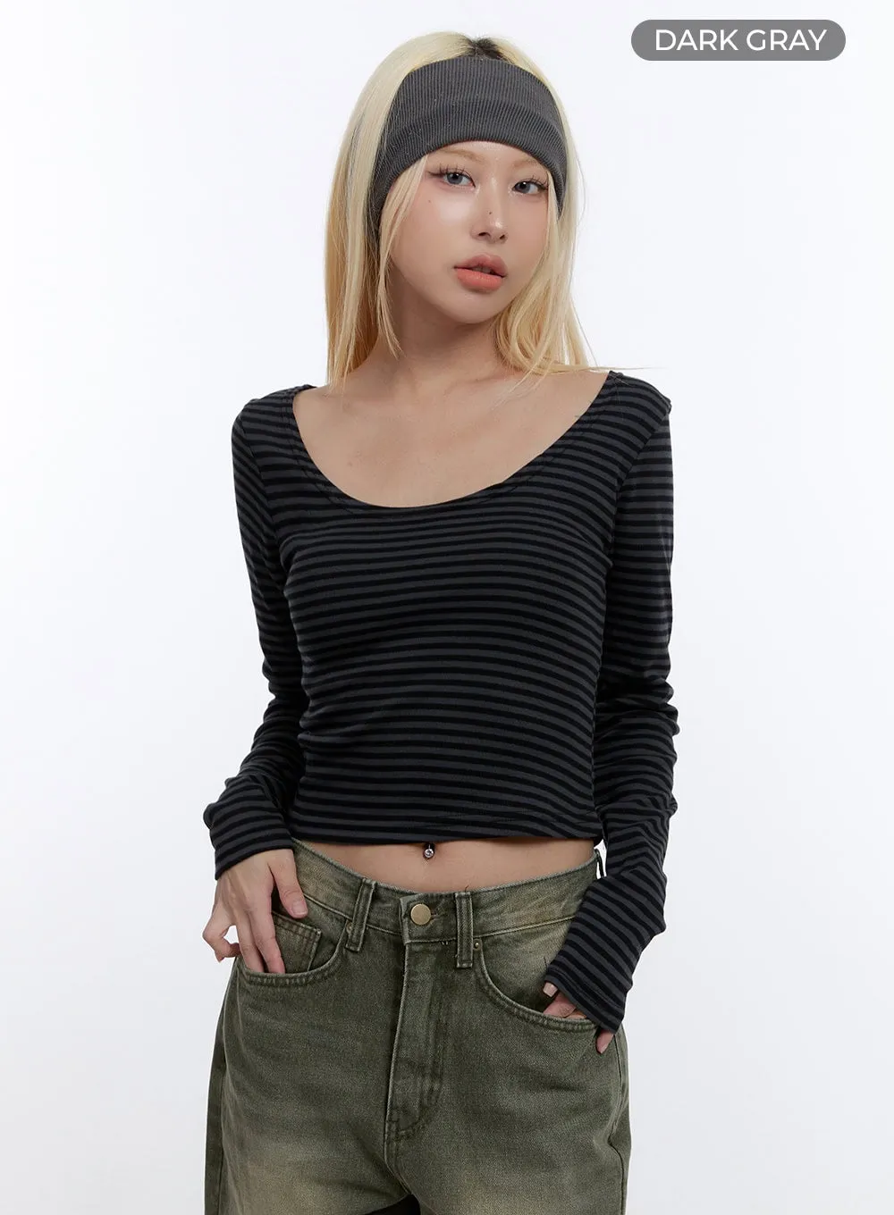 U Neck Stripe Crop Long Sleeve Top CO419