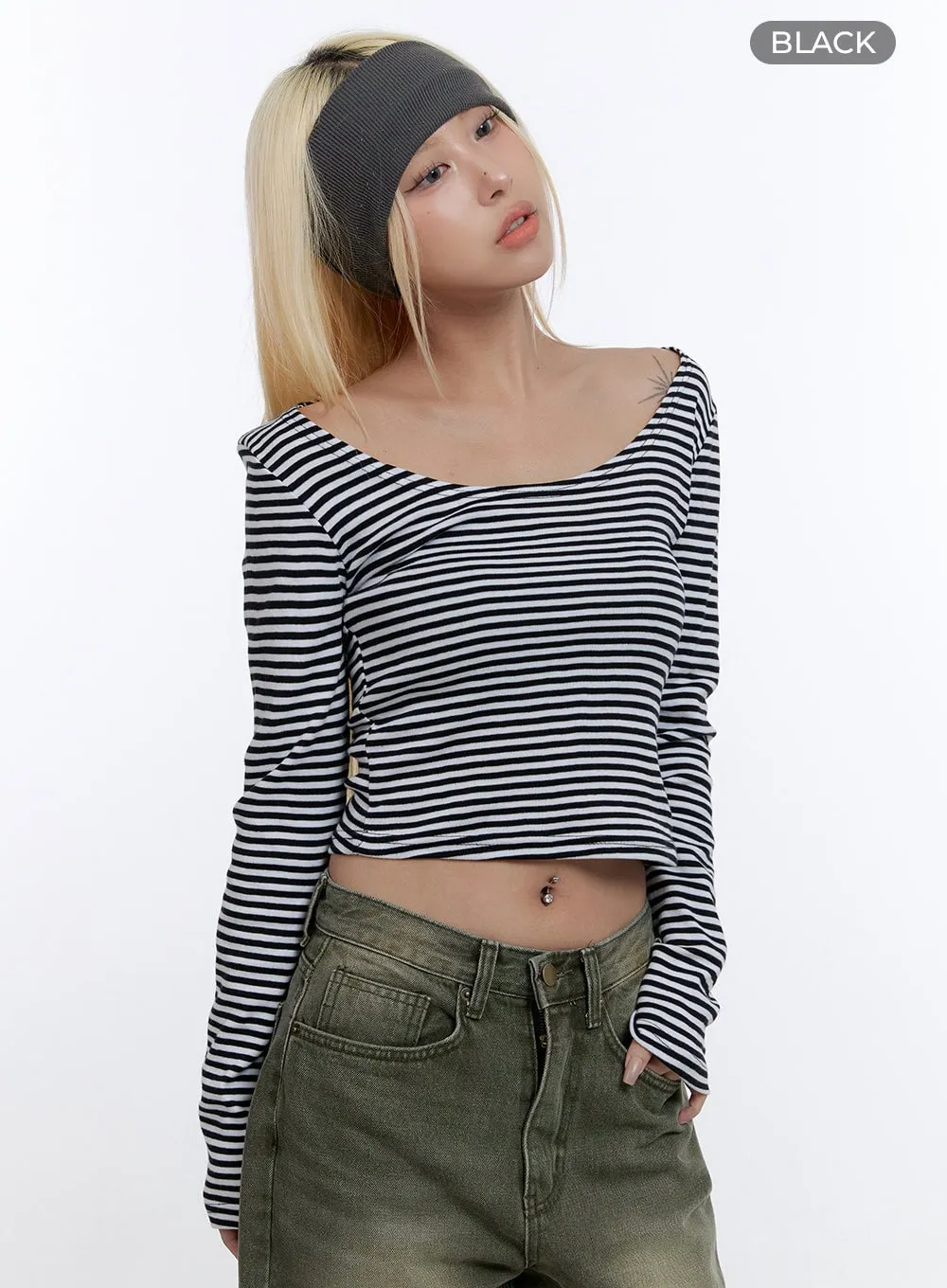 U Neck Stripe Crop Long Sleeve Top CO419