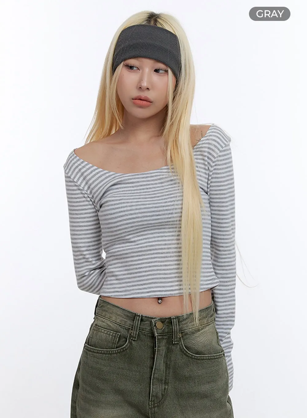 U Neck Stripe Crop Long Sleeve Top CO419