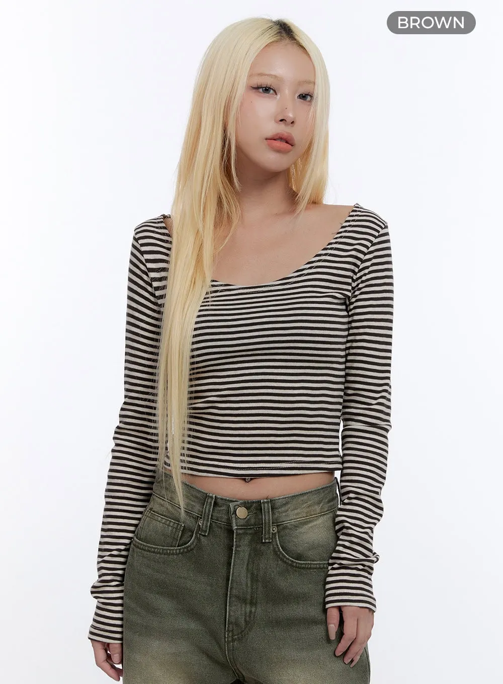 U Neck Stripe Crop Long Sleeve Top CO419