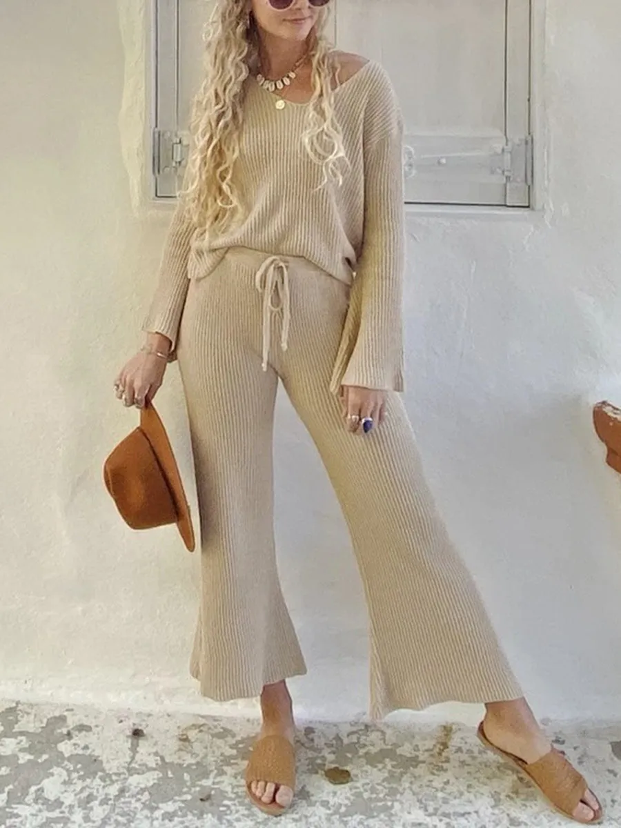 V-neck Long-sleeved Slim Top Flared Pants Suit